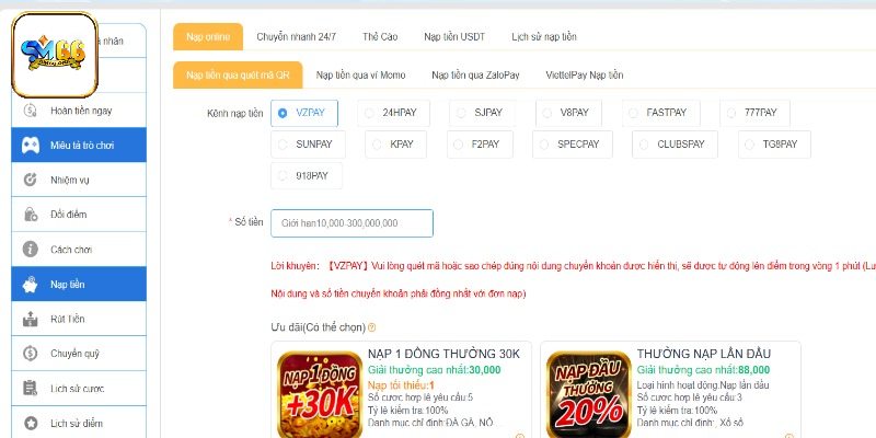 Hướng dẫn nạp tiền SM66 qua ví điện tử/QR